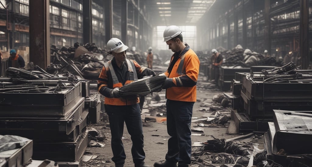 A large metal recycling container with the word 'RECYCLE' prominently displayed in white capital letters. The container shows signs of rust and wear, suggesting regular use. It is situated on a concrete surface, with trees visible in the background.