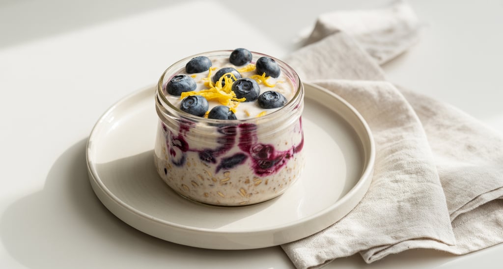 a glass jar of oatmeal with blueberries and lemons