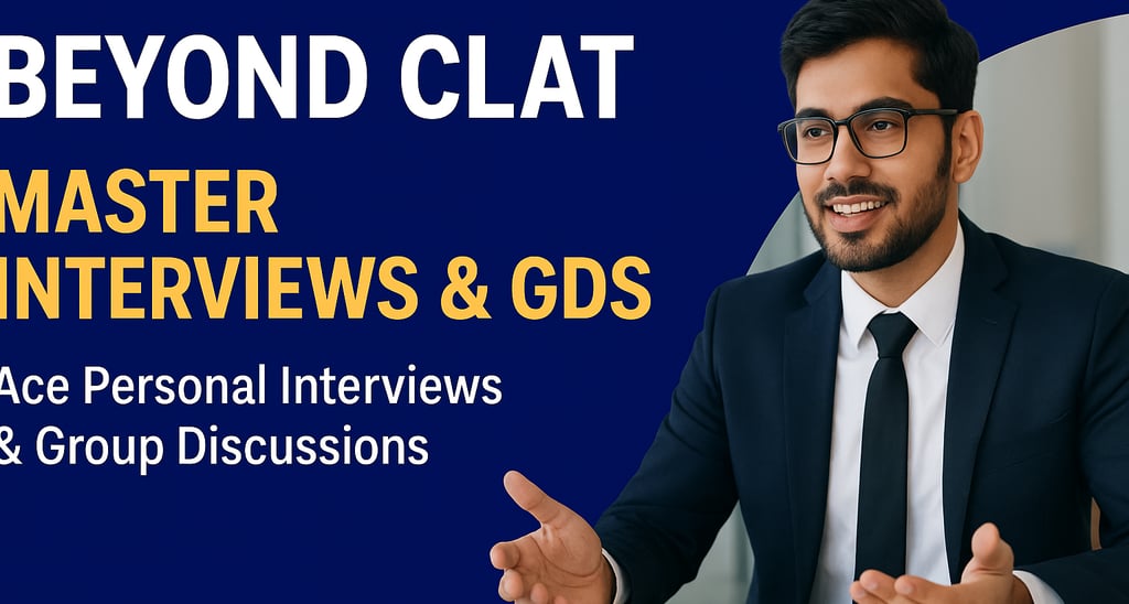 Infographic banner on “Beyond CLAT: Personal Interviews & Group Discussions.” Highlights importance 