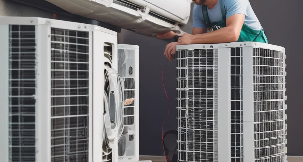 A modern, rectangular air conditioning or heating unit with the logo 'alpha innotec' is installed outside a building with a dark gray brick exterior. The unit is positioned against a light concrete wall, and there is overgrown grass along the edge of the pavement.