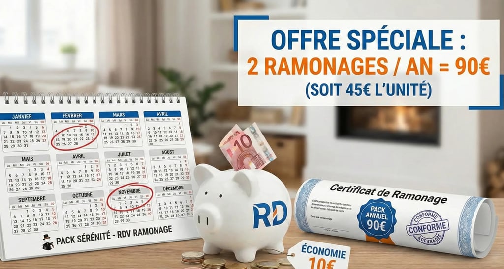 Infographie offre 'Pack Sérénité' de Ramonage Direct : 2 ramonages par an pour 90€ (45€ l'unité)