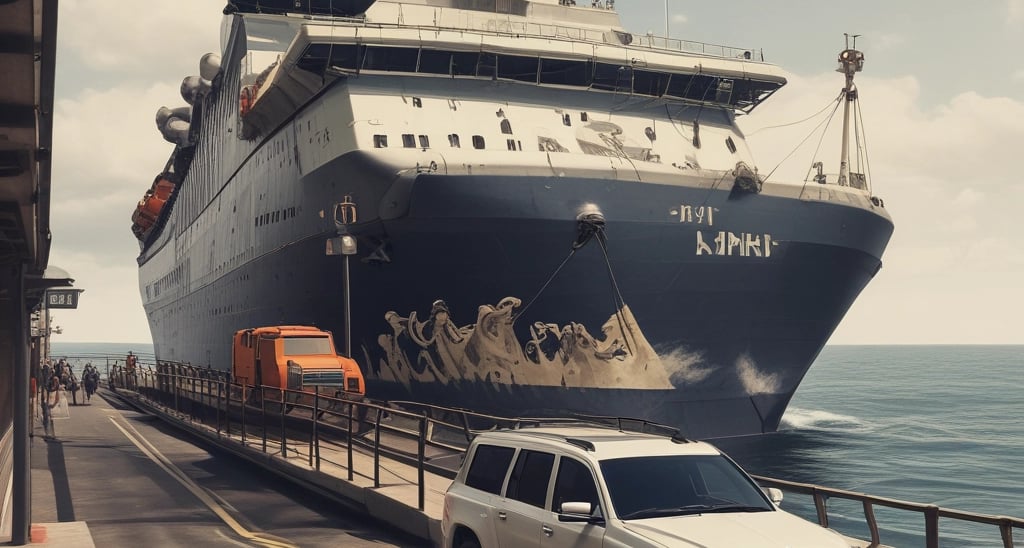 A moving truck with company branding is parked next to an open shipping container on a trailer. Two people are handling items near the container, while a car is parked in the background. The sky is overcast, and the ground appears to be asphalt.