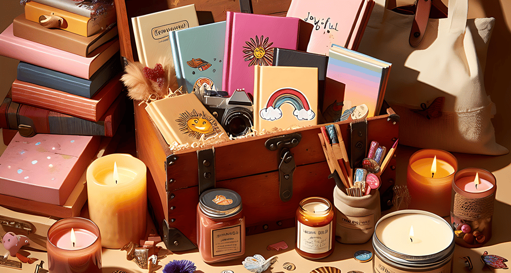 treasure chest overflowing with joyful journals, scented candles, a stylish tote bag, colorful stick