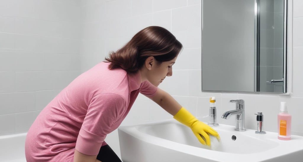 A woman in a dark uniform with a white apron and hair ribbon is cleaning the handle of a door. The setting appears to be the entrance to an old building with stone walls and a metal grate on the ground. A brass-finished metal container is positioned near the entrance.