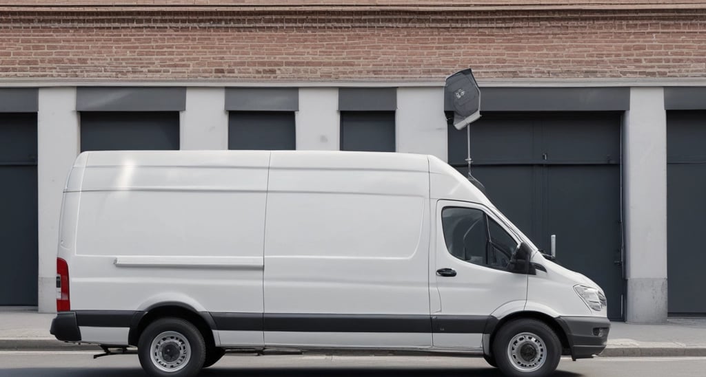 A delivery van parked outside a modern office building.