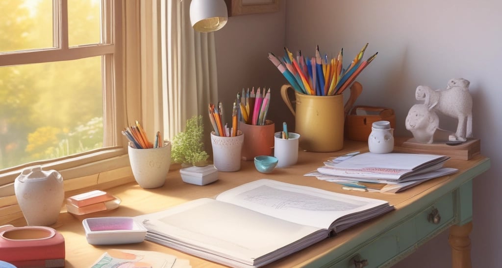 A cozy workspace featuring pastel-colored art supplies and a coloring book.