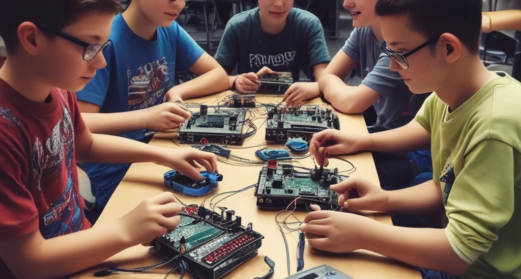 A vibrant classroom filled with kids engaging in robotics activities.