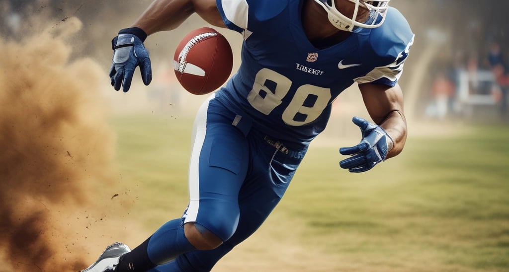 Athlete lacing up vibrant blue and red sports shoes on a black gym floor.