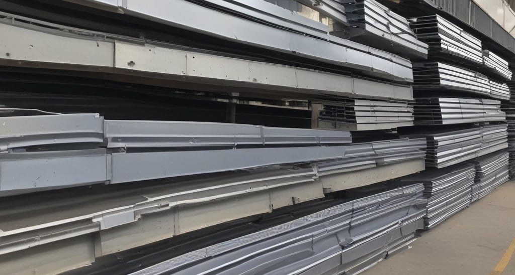 Photo of metal rods and sheets stacked neatly in a warehouse.