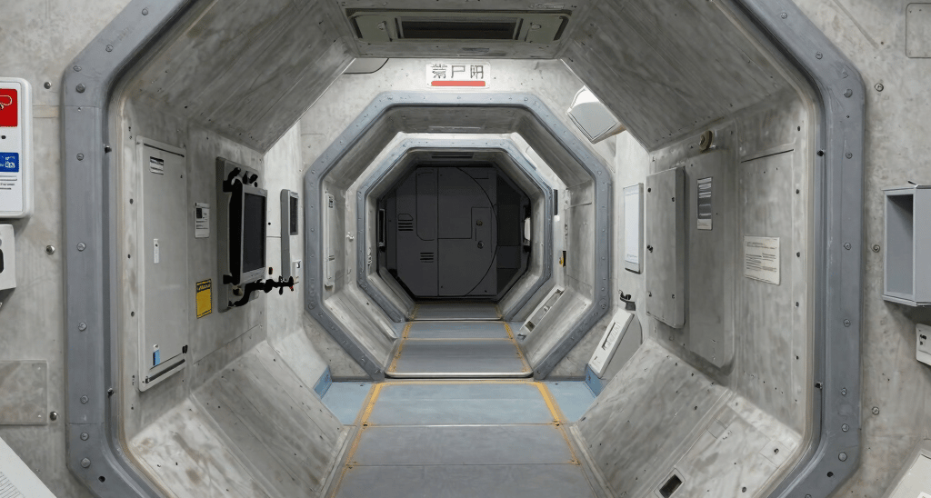 A sleek, metallic corridor inside an industrial facility with dim, cold lighting.