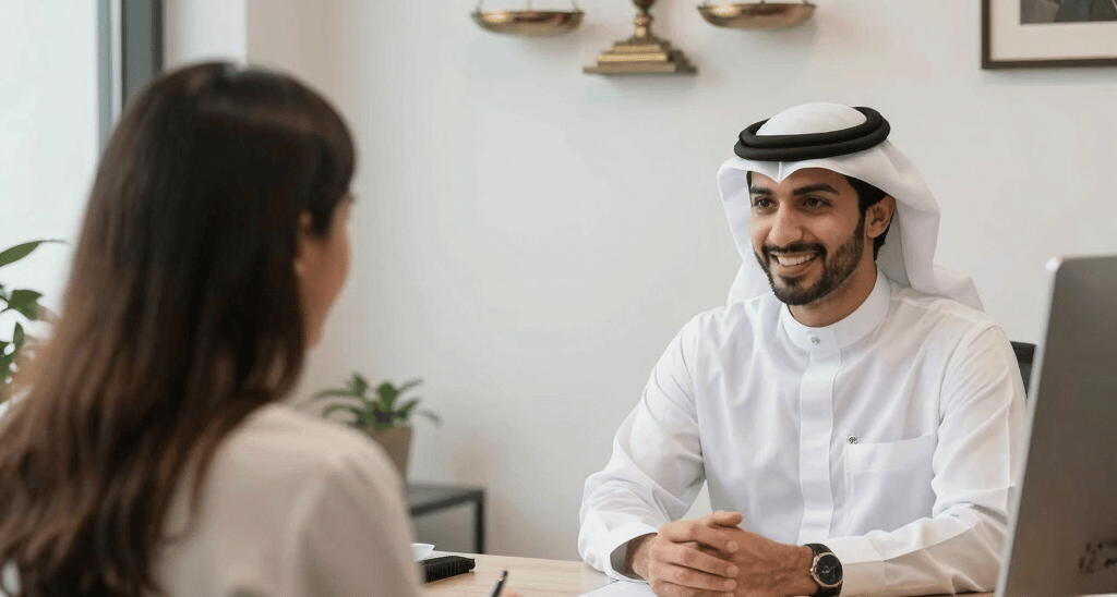A professional lawyer consulting with a client in a modern office setting.