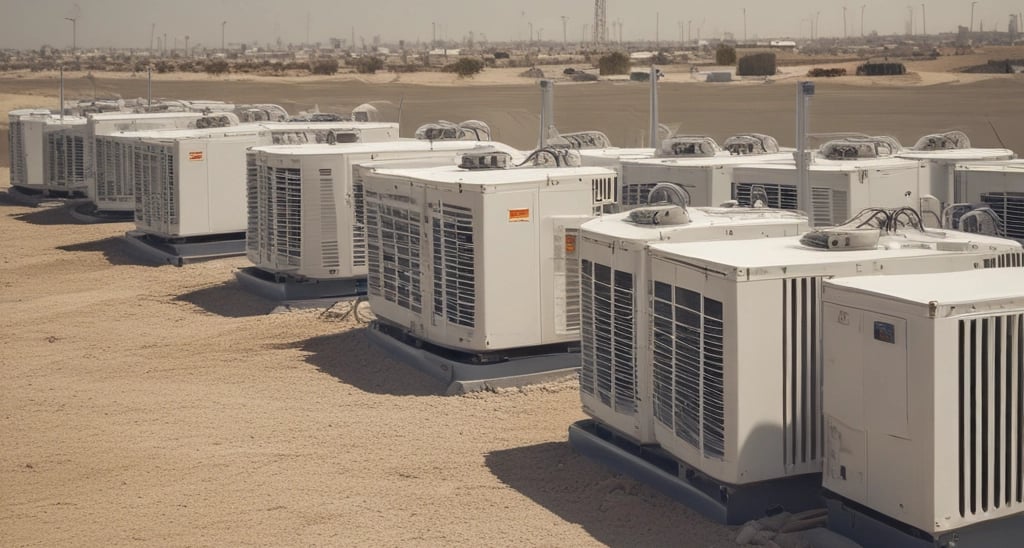 A powerful excavator carefully demolishing a concrete structure under clear Abu Dhabi skies.