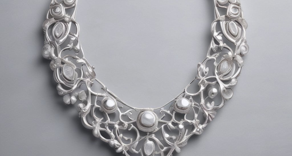 Close-up of a delicate 92.5 silver necklace with intricate Johari Bazaar-inspired motifs, resting on a rustic wooden surface.