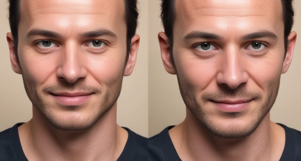 Cartoon style happy client before hair transplant, looking worried and hairless