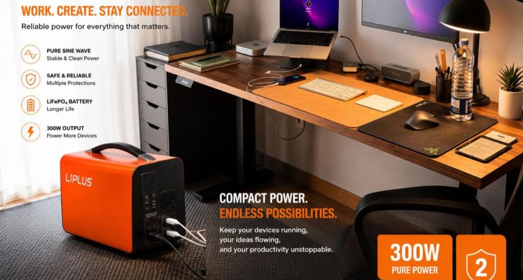 Portable LiPlus 300W power station powering a home office desk with a laptop, monitor, and smartphone.