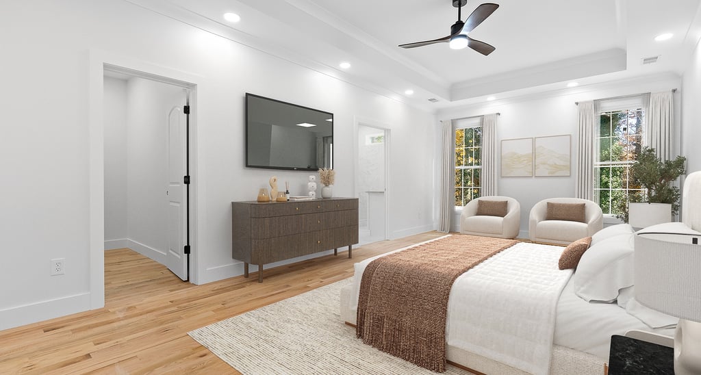 Cozy bedroom with modern design, soft lighting, clean lines, and warm finishes for comfort, elegance