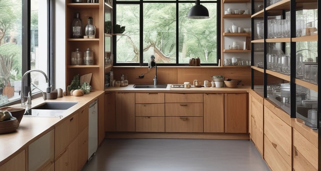 A cozy, custom-built wooden kitchen cabinet with warm lighting highlighting the craftsmanship.
