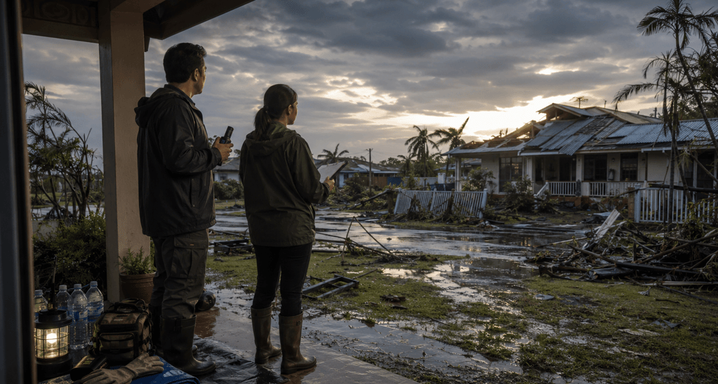 assessing storm damage to a residential neighborhood after a hurricane.