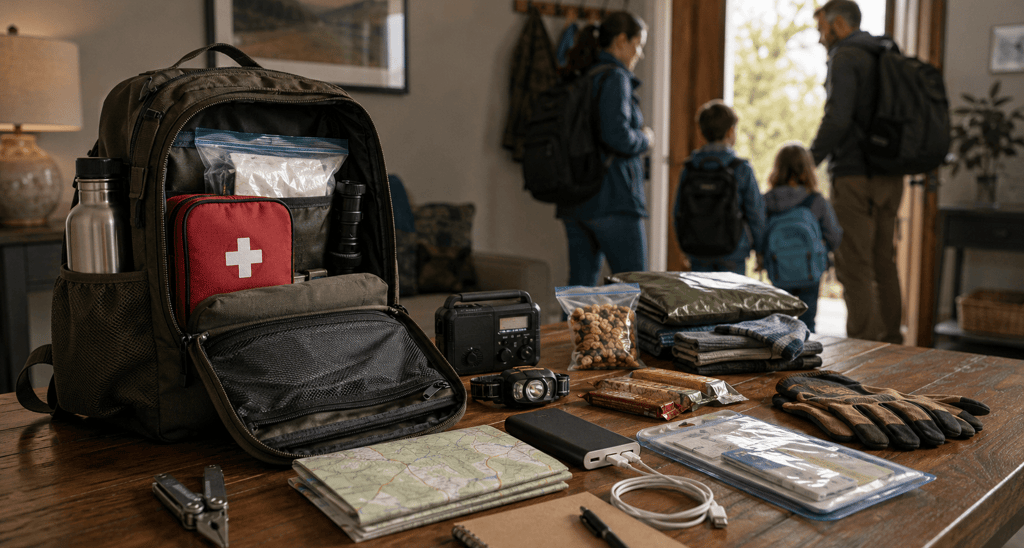 Emergency survival go bag with first aid kit and supplies on a table as a family prepares to evacuate.
