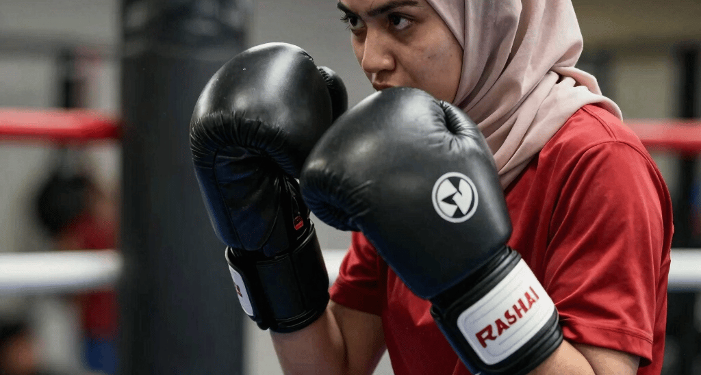 A focused woman in boxing gloves throwing punches in a stylish, fuchsia-accented gym.