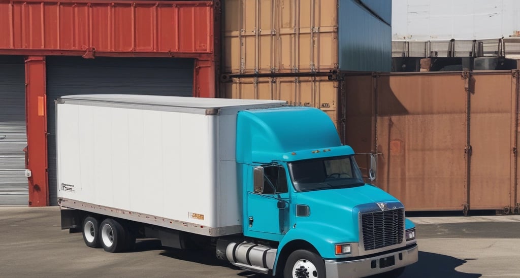 A SwiftFreight truck carefully loaded with pallets, ready to hit the road at sunrise.