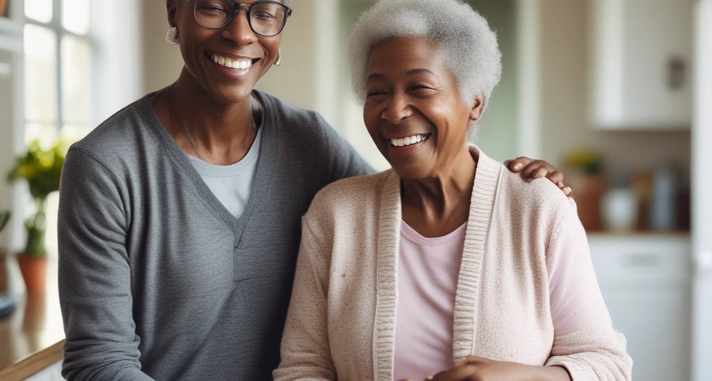 A caring black caregiver gently assisting a smiling senior woman with a morning walk inside a bright, cozy home.
