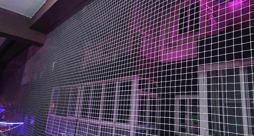 Close-up of a sturdy balcony pigeon net securely installed on a Pali Hill apartment.