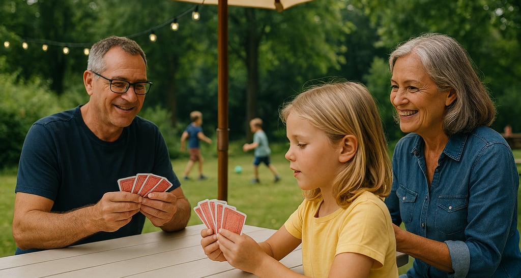 Een vader, moeder en kind spelen een kaartspel aan een tafel bij BuitenBasis in het Schoterbos