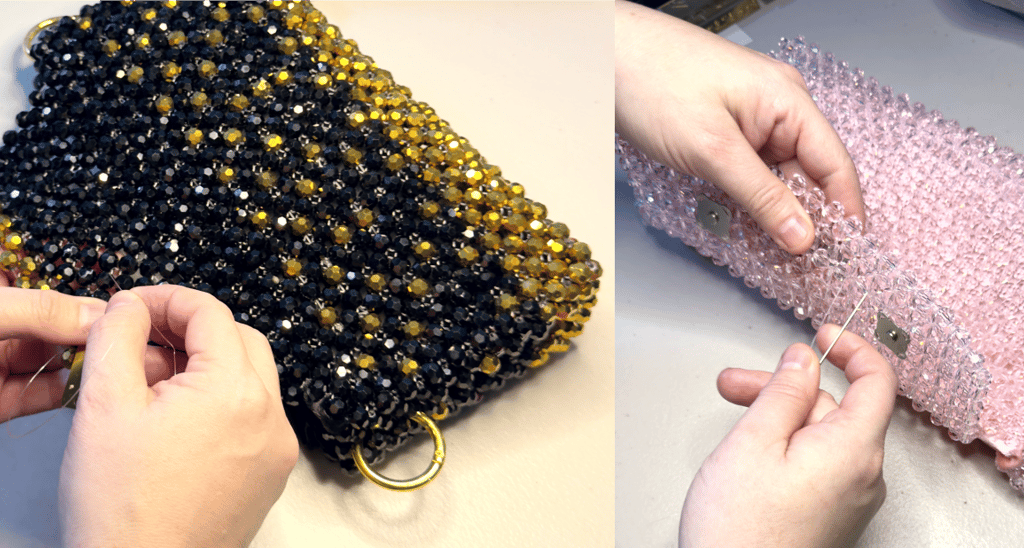 MGG New York artisans hand-weaving luxury crystal beaded handbags