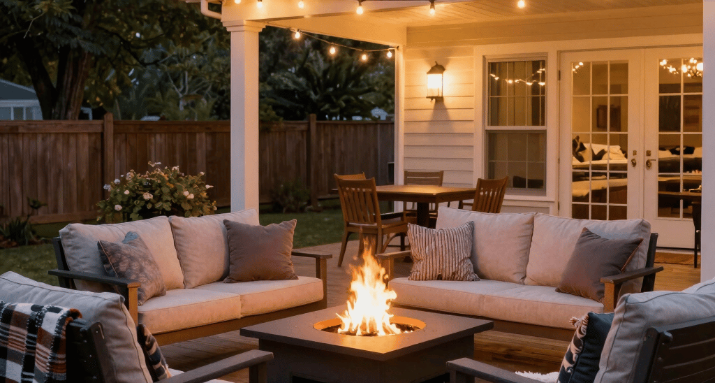 A cozy outdoor patio with string lights and comfortable seating surrounded by lush greenery.