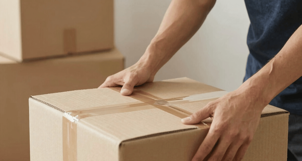 A moving truck carefully loaded with furniture and boxes, set against a warm sunset background.