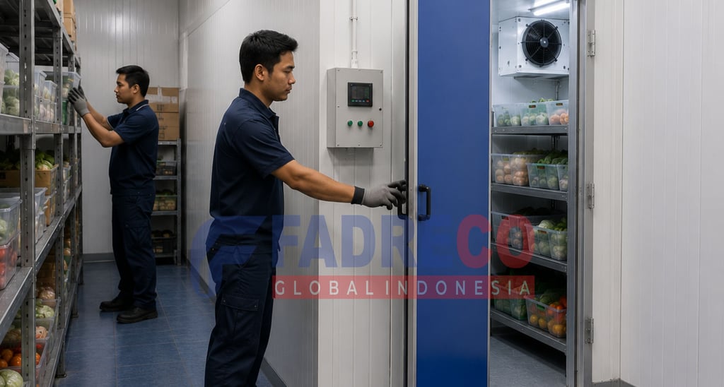 Workers organizing fresh produce in a commercial walk-in cold storage warehouse facility.
