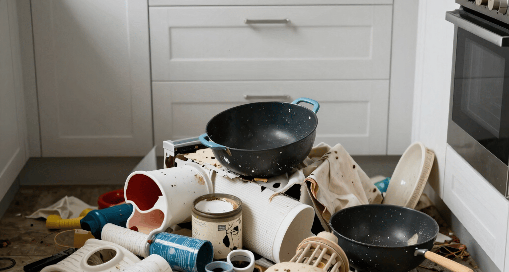 A detailed close-up of a pristine kitchen countertop with inventory tags on appliances.