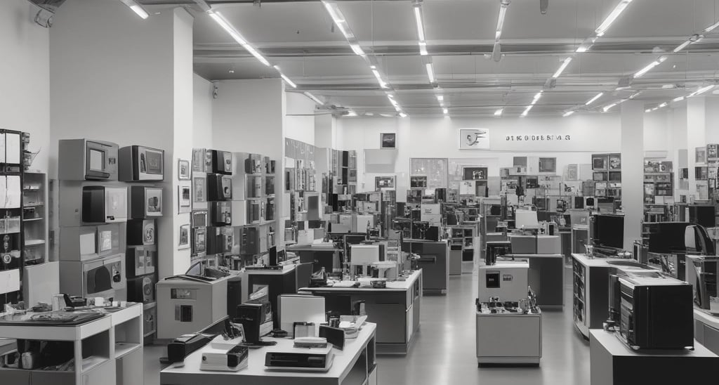 A bright, welcoming storefront of Markaz Alsukur with various electrical and kitchen items displayed.