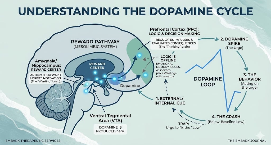 A graphic of the brain and the dopamine reward system.