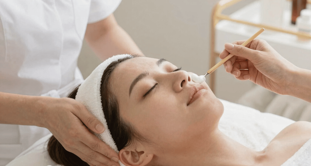 A glowing client admiring her fresh, elegant hairstyle in a softly lit salon mirror.