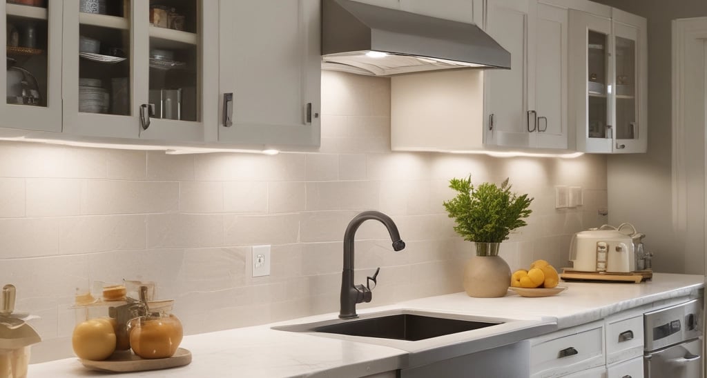 Warm LED strip lighting softly illuminating a modern kitchen cabinet interior.