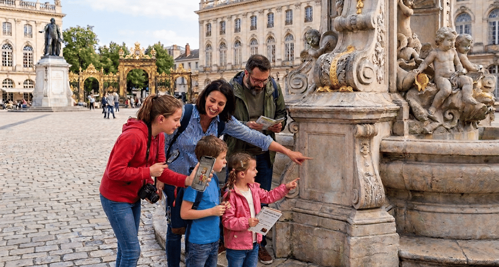 Famille réalisant un jeu de piste Place Stanislas à Nancy