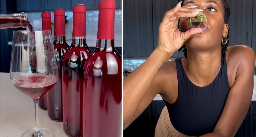 a woman drinking wine and a glass of wine