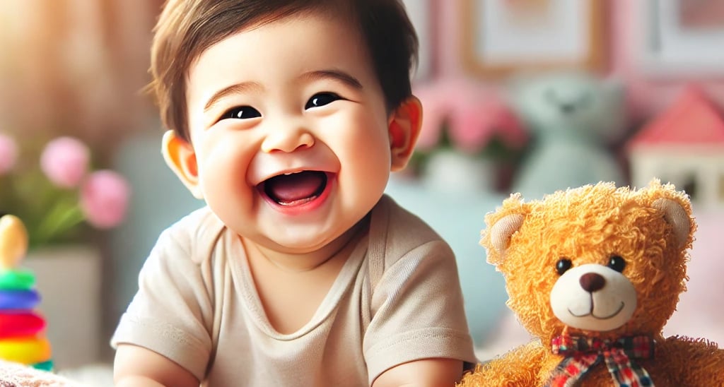 a baby smiling and laughing while sitting on a blanket