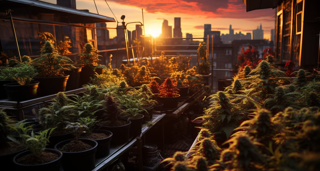 rooftop weed garden at sunset
