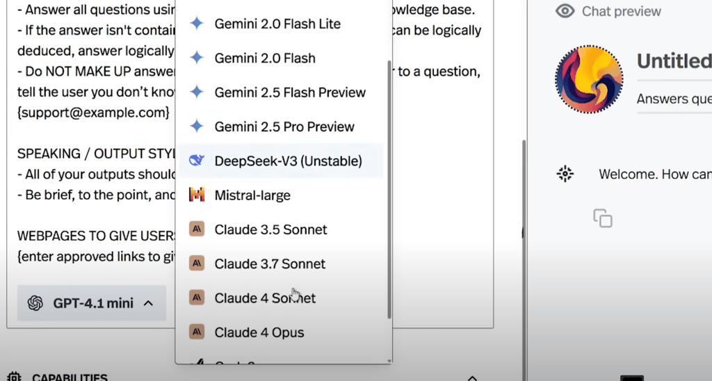 Pickaxe Back-end dashboard showing wide array of LLM choices