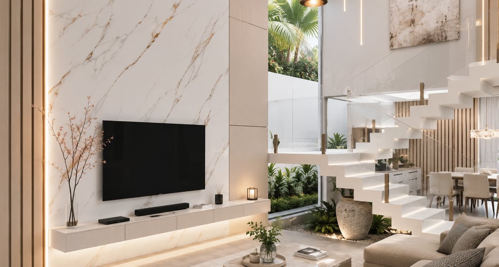 Modern luxury living room featuring a marble TV wall, white floating staircase, and open concept interior design.