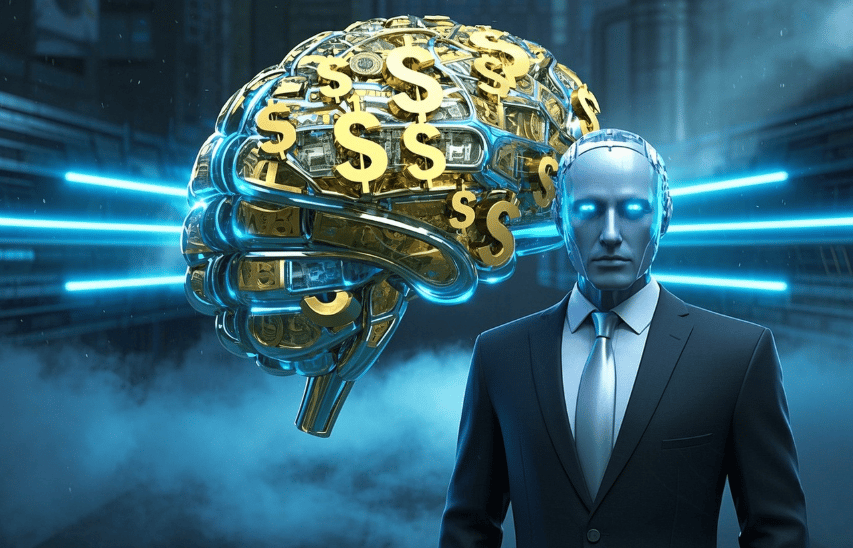 ai male robot business suit standing next to a brain covered in gold dollars ai/psychology/finance.