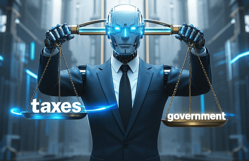 ai male robot business suit holding a scale with the words tax and government being weighed.