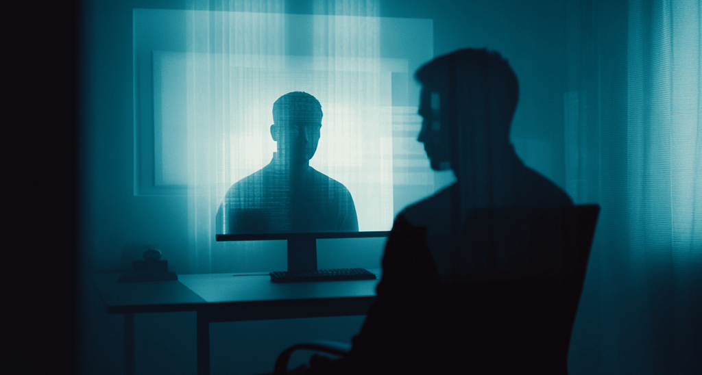 a man in a chair with a computer monitor