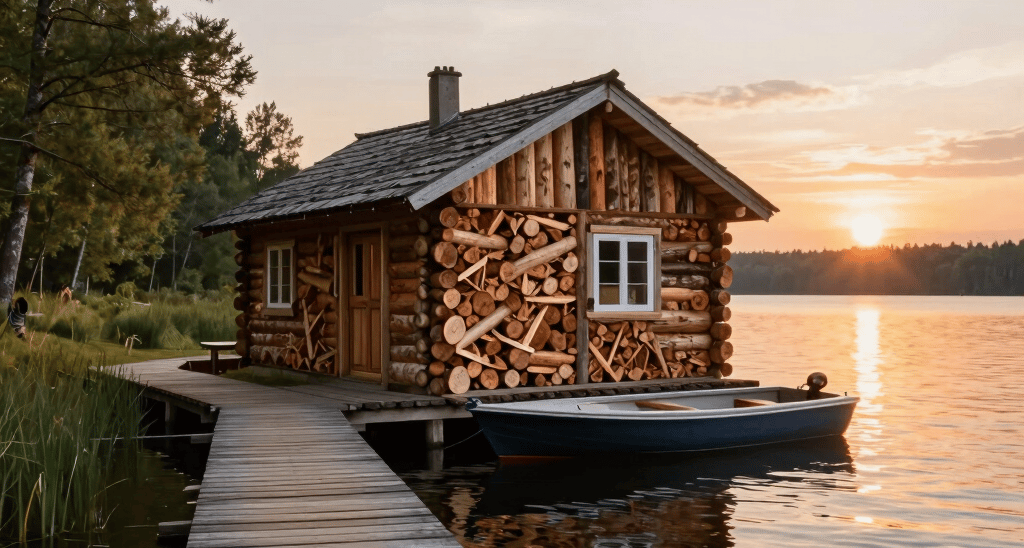A long makeshift tent is set up outdoors with beige tarps forming the walls and roof. A section of the tent features a bright blue and red panel towards the bottom. The tarps are slightly wrinkled and secured with ties, with a trash can placed on the ground nearby. Urban buildings and foliage are visible in the background.