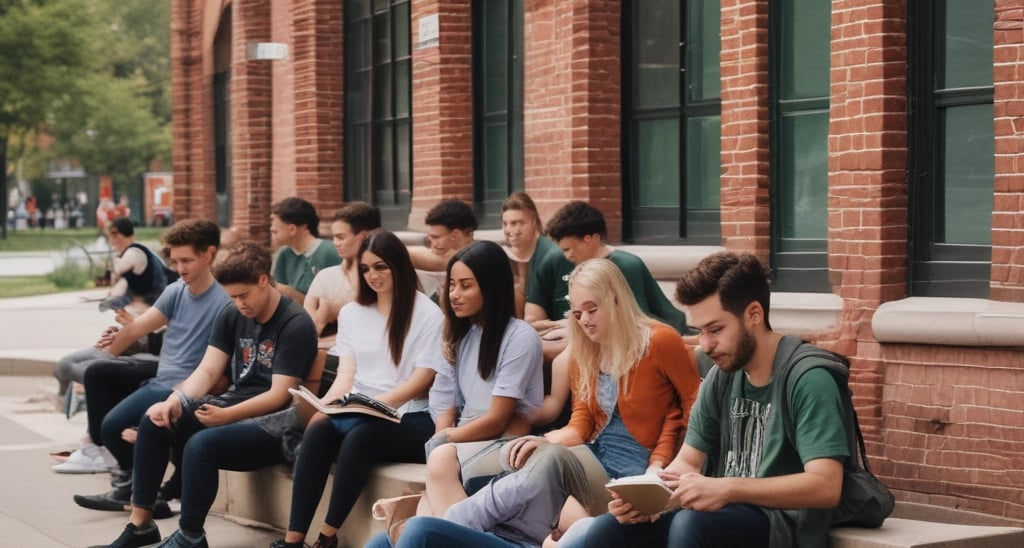 A large group of students seated outdoors in a courtyard area, all wearing matching blue and white uniforms. A small speaker is placed on a table towards the front. The background shows a raised building with visible classrooms and balconies, where more students can be seen observing the event. Lush green plants are scattered around the area.