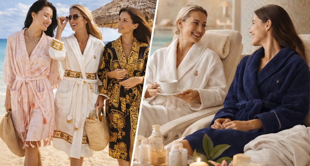 Women enjoying a seaside and pool break wearing lightweight beachrobes.