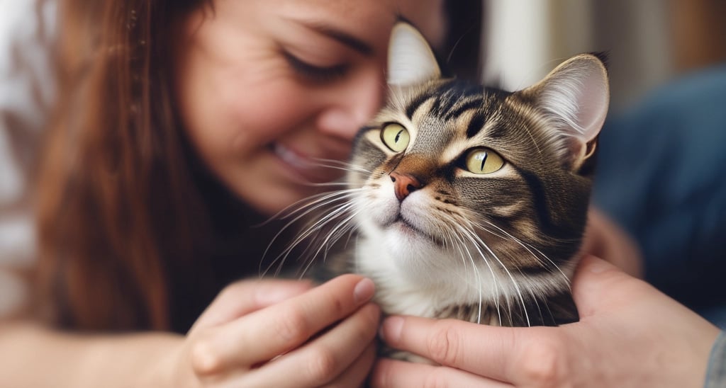 A close-up of a cat with distinctive black, white, and orange fur, staring intently with its bright green eyes. It has a human hand gently holding it by the chin, wearing a wristwatch. The background is blurred, focusing the attention on the cat's face.